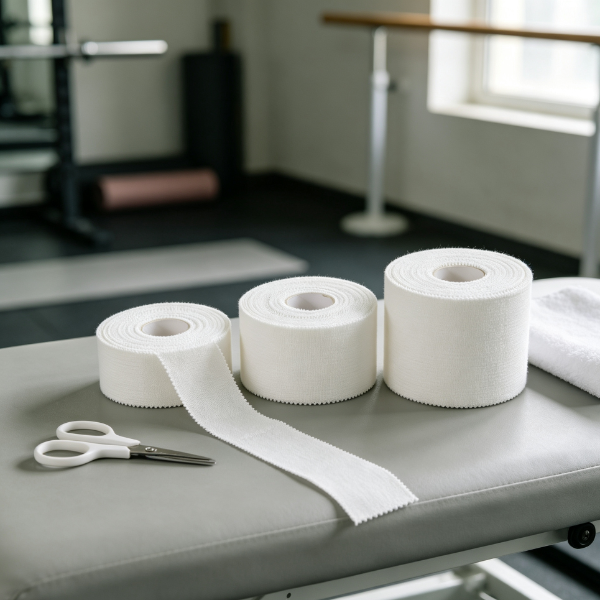 Three rolls of white cotton athletic tape on sports therapy table, showing fabric texture different widths and flexible support for exercise and injury prevention.