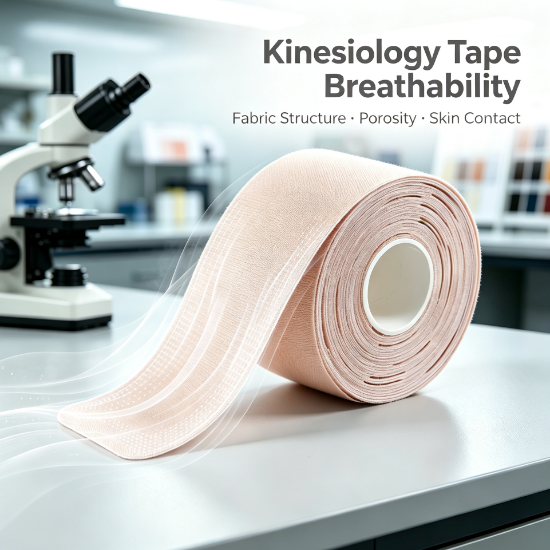 Skin-colored kinesiology tape in lab with title about breathability fabric structure porosity and skin contact.